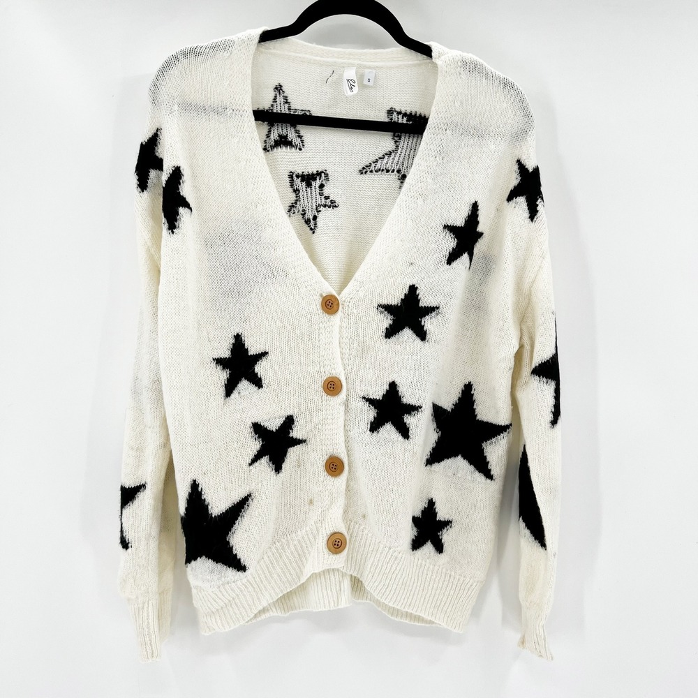 Elan Women Cream Black Star Print V Neck Button Front Cardigan Sweater Size S